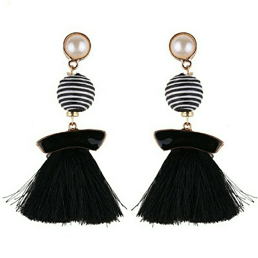 Black White striped Beaded & Tassel earrings